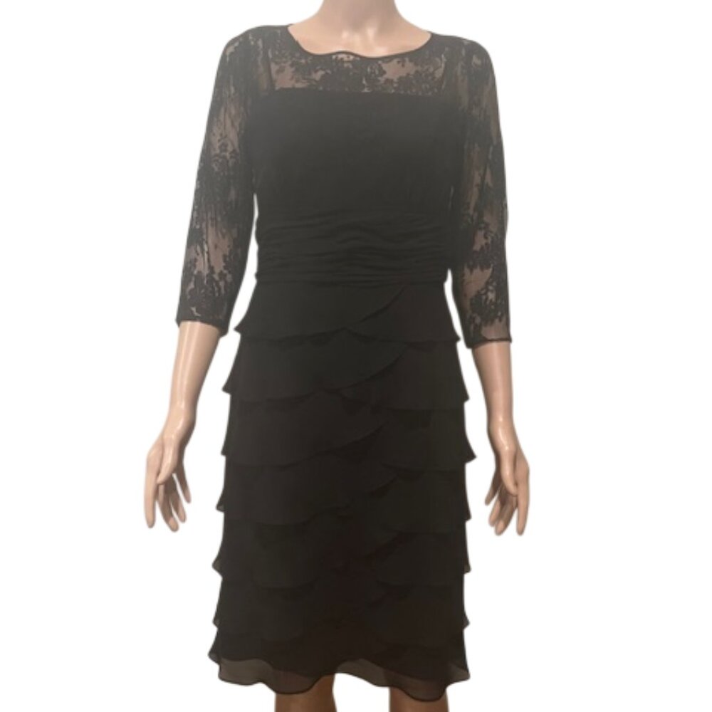Jessica Howard Black Lace Tiered Cocktail Party Dress Size 6 Ruched *Worn Once*